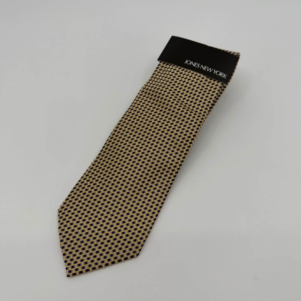 Jones New York Tie Mens NEW Deadstock Silk Gold Navy Geometric Woven Necktie